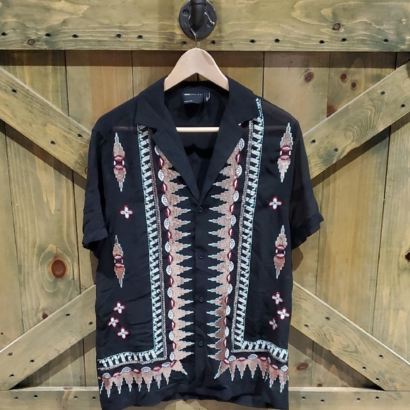 ASOS Design Mens Black Sheer Casual Button Down Shirt Geometric Patterns Sequins - Picture 1 of 6